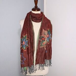 Vintage Boho Embroidered Reversible Floral Wrap Scarf Shawl Brown Green Women